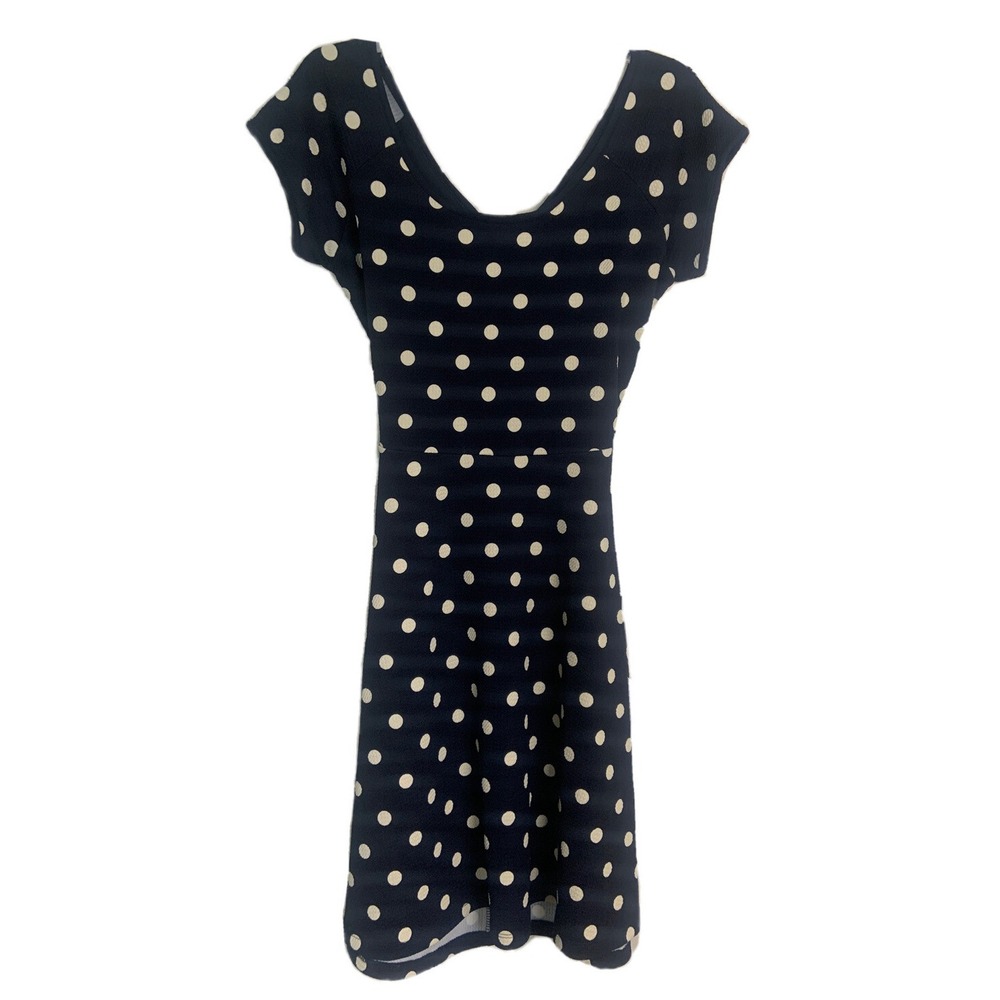 Gilli Navy Blue Polka Dot Skater Dress Back Cutout Cap Sleeve Fit Flare Medium